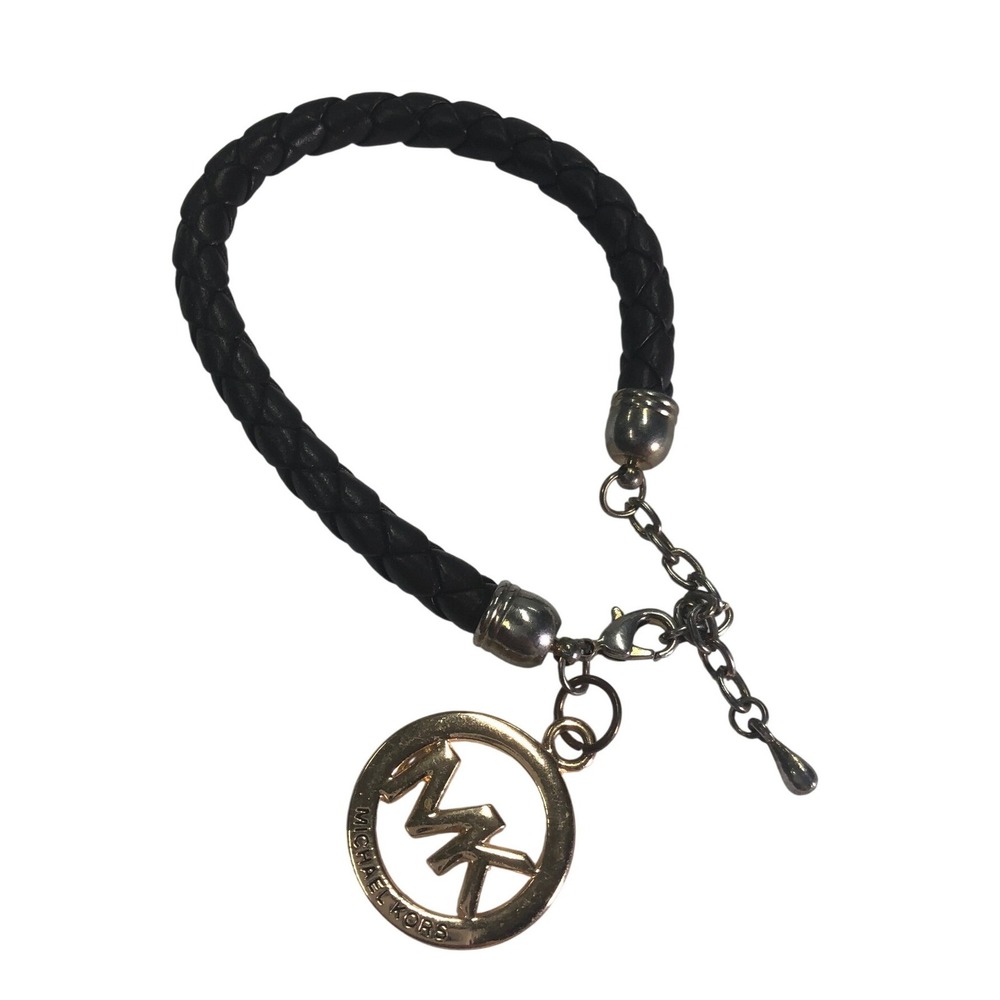 Michael Kors Black Braided Leather MK Logo Charm Bracelet Gold Silver Tone
